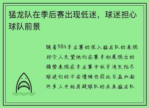 猛龙队在季后赛出现低迷，球迷担心球队前景